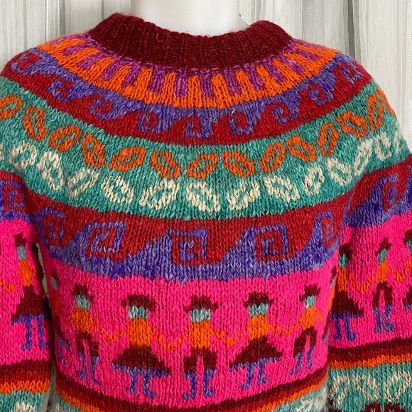Vintage 90’s Colourful Women Handmade Knit Fairisles Wool Sweater Size S - Picture 4 of 15